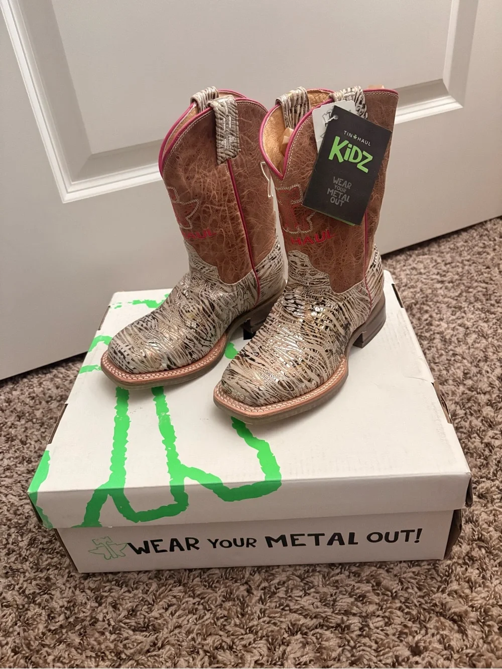 Tin Haul Kidz Metallic Silver & Brown Western Boots with Pink Trim